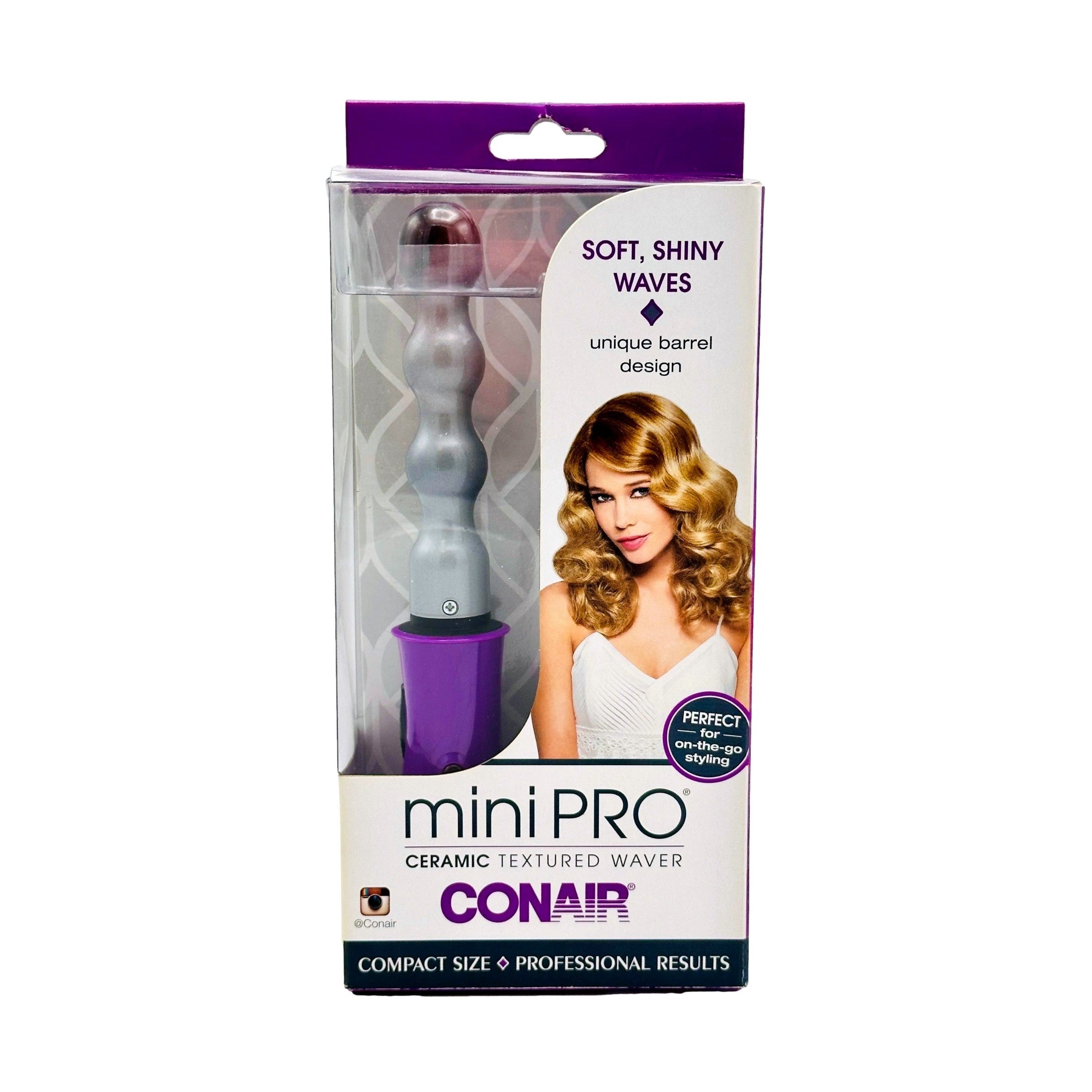 Box of a Conair Mini Pro ceramic hair waver with model showing wavy hair.